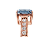 Rose gold Fancy Blue Emerald Cut Cut Diamond Milgrain Pave Band Four-Prong Setting Ring_8