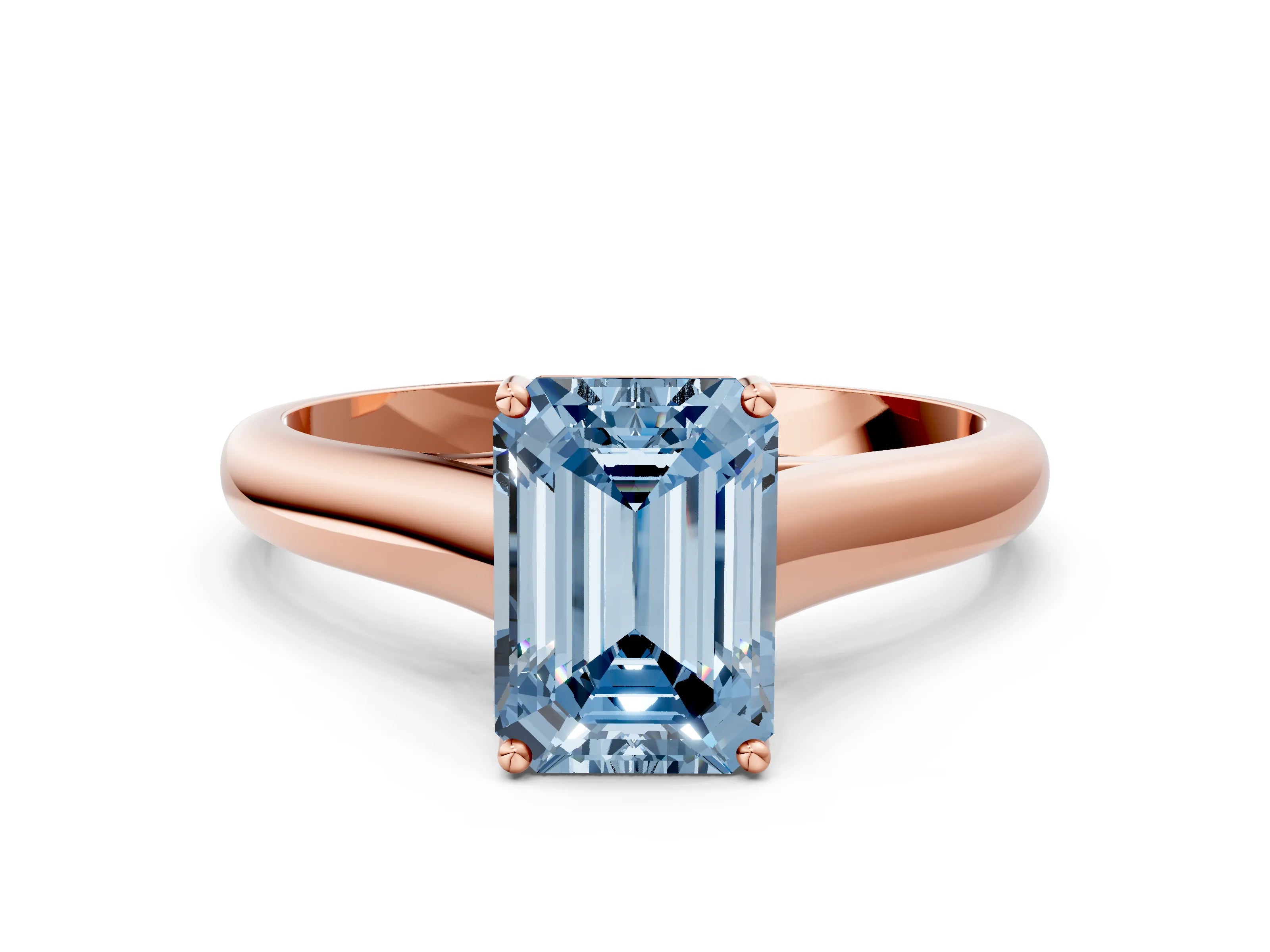 Rose gold Fancy Blue Emerald Cut Cut Diamond Solitaire Engagement Ring with Tapered Plain Band and Four-Prong Setting