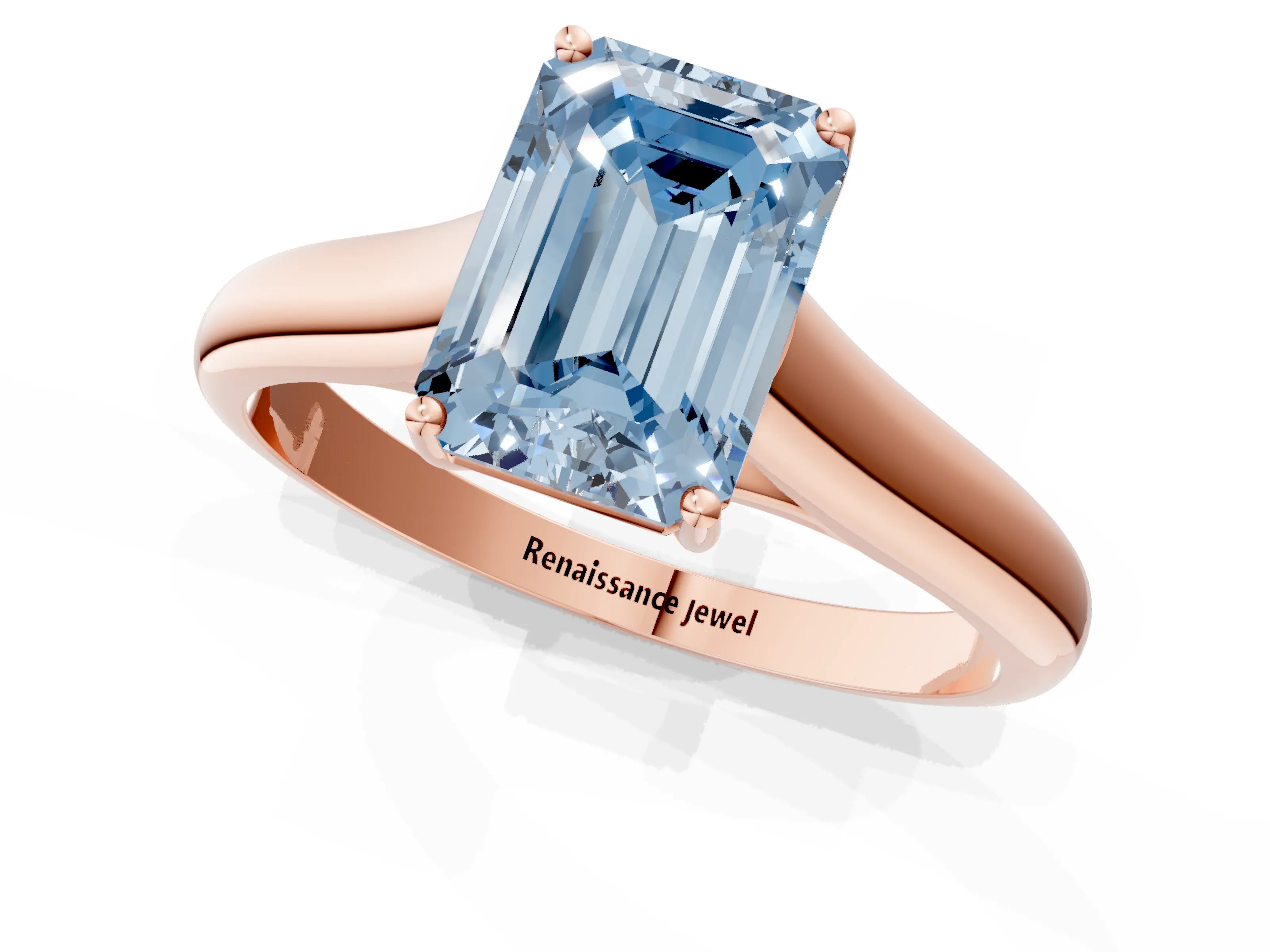 Rose gold Fancy Blue Emerald Cut Cut Diamond Solitaire Engagement Ring with Tapered Plain Band and Four-Prong Setting_1