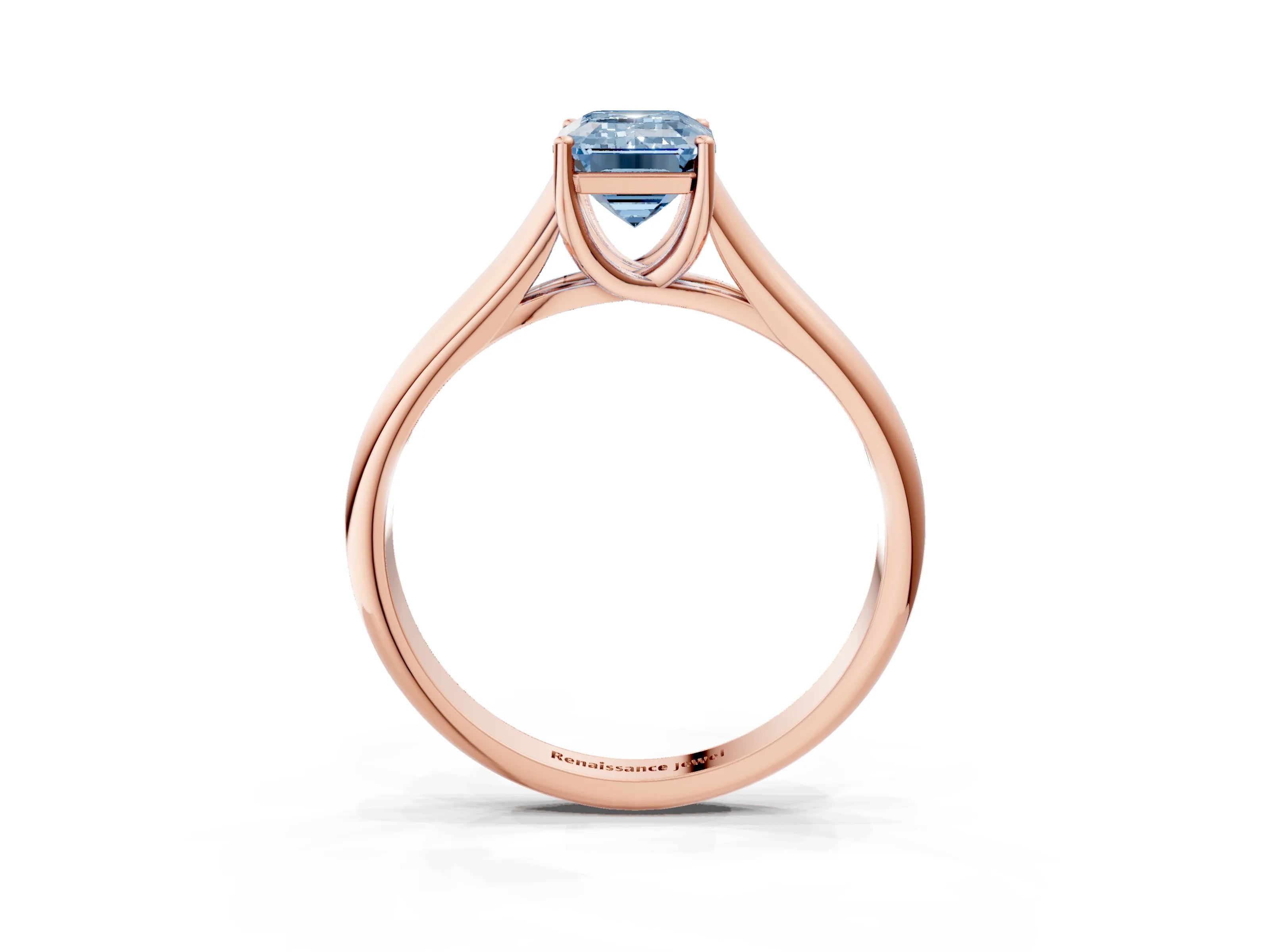 Rose gold Fancy Blue Emerald Cut Cut Diamond Solitaire Engagement Ring with Tapered Plain Band and Four-Prong Setting_3