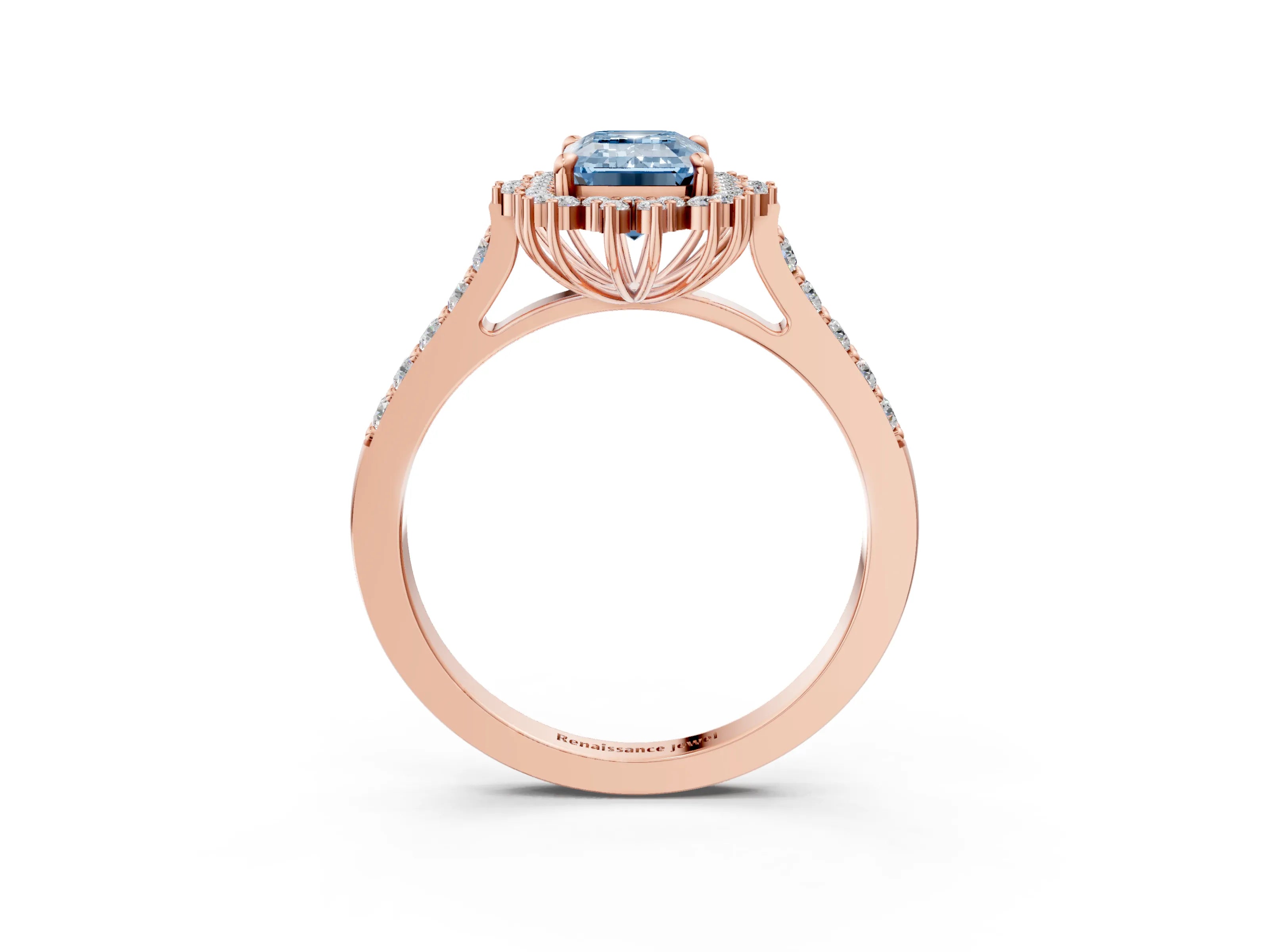 Rose gold Fancy Blue Emerald Cut Cut Diamond Sunburst Halo Engagement Ring with Pavé Band_11