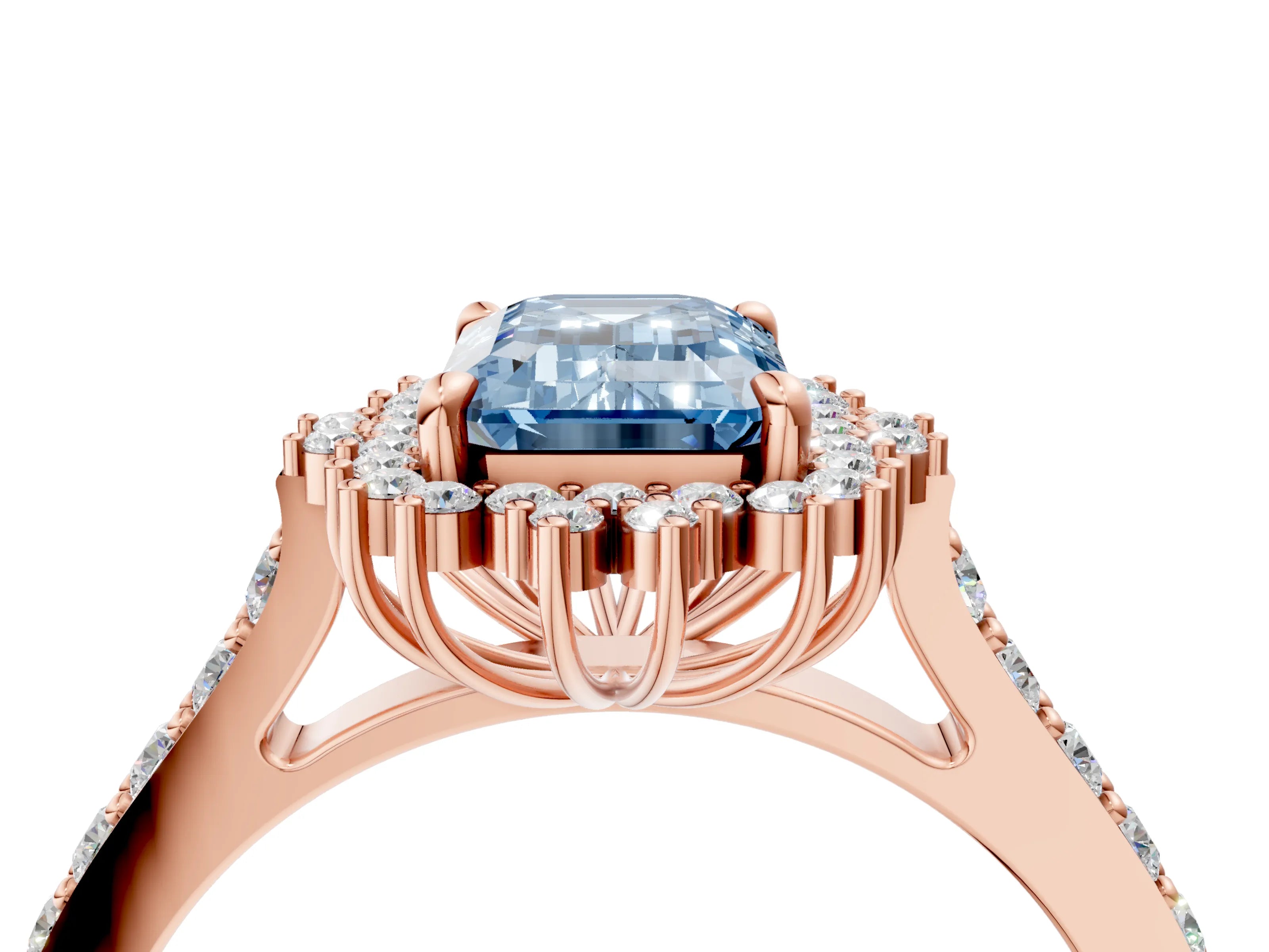 Rose gold Fancy Blue Emerald Cut Cut Diamond Sunburst Halo Engagement Ring with Pavé Band_12
