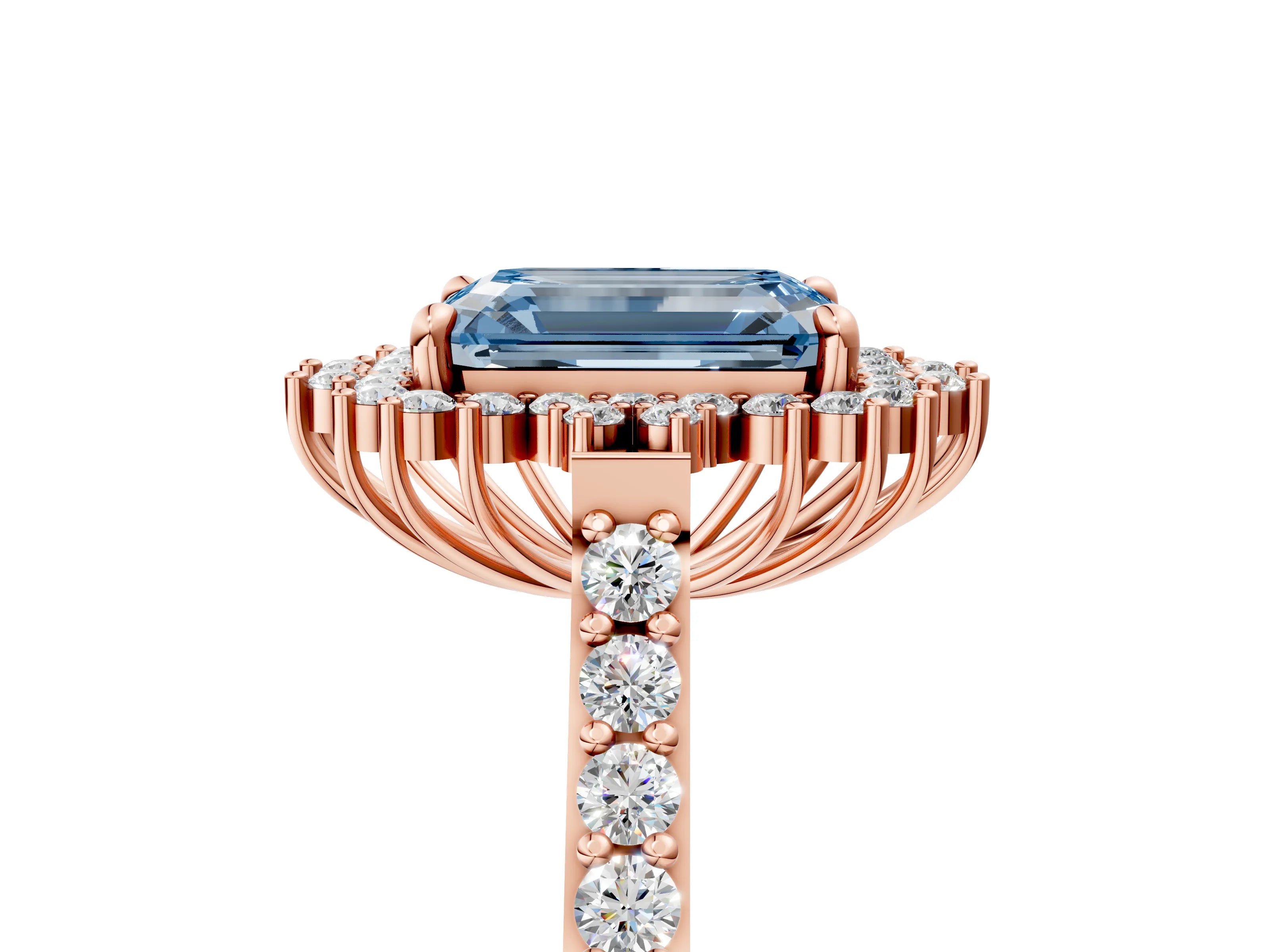 Rose gold Fancy Blue Emerald Cut Cut Diamond Sunburst Halo Engagement Ring with Pavé Band_13