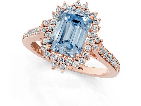 Rose gold Fancy Blue Emerald Cut Cut Diamond Sunburst Halo Engagement Ring with Pavé Band_1