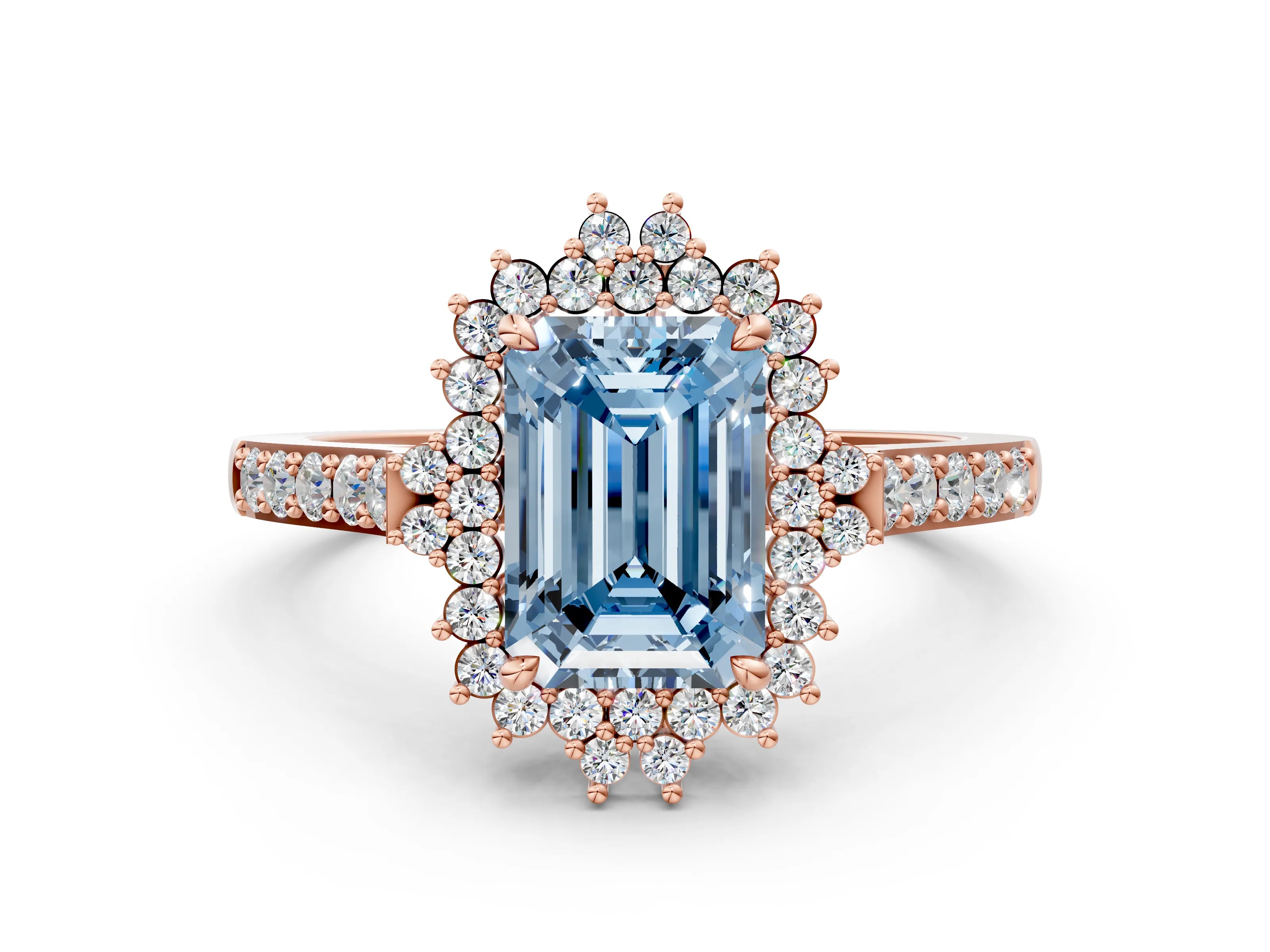 Rose gold Fancy Blue Emerald Cut Cut Diamond Sunburst Halo Engagement Ring with Pavé Band_20