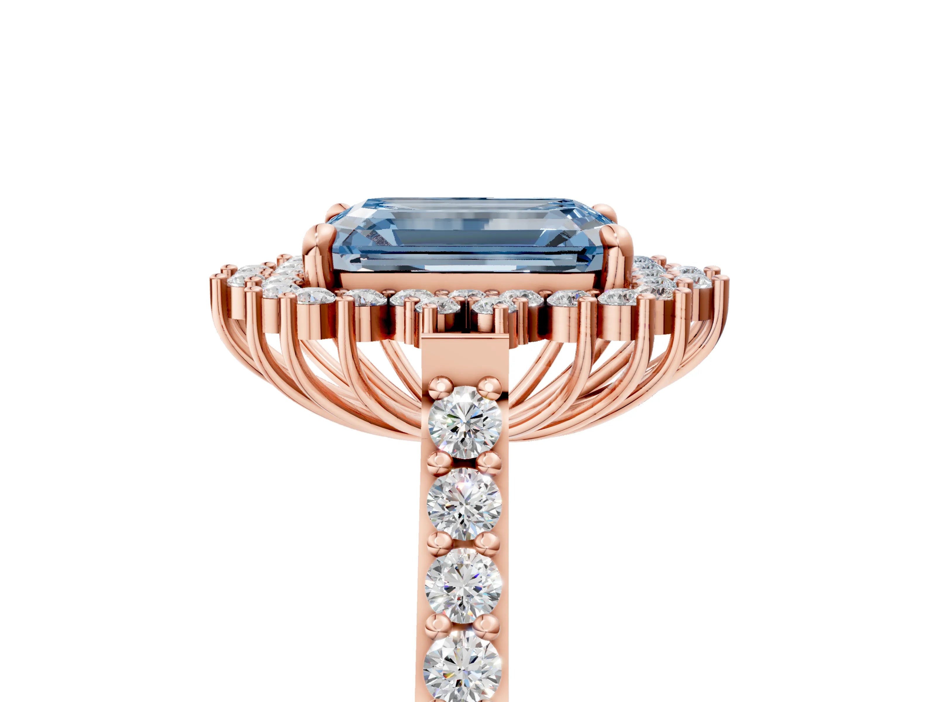 Rose gold Fancy Blue Emerald Cut Cut Diamond Sunburst Halo Engagement Ring with Pavé Band_5