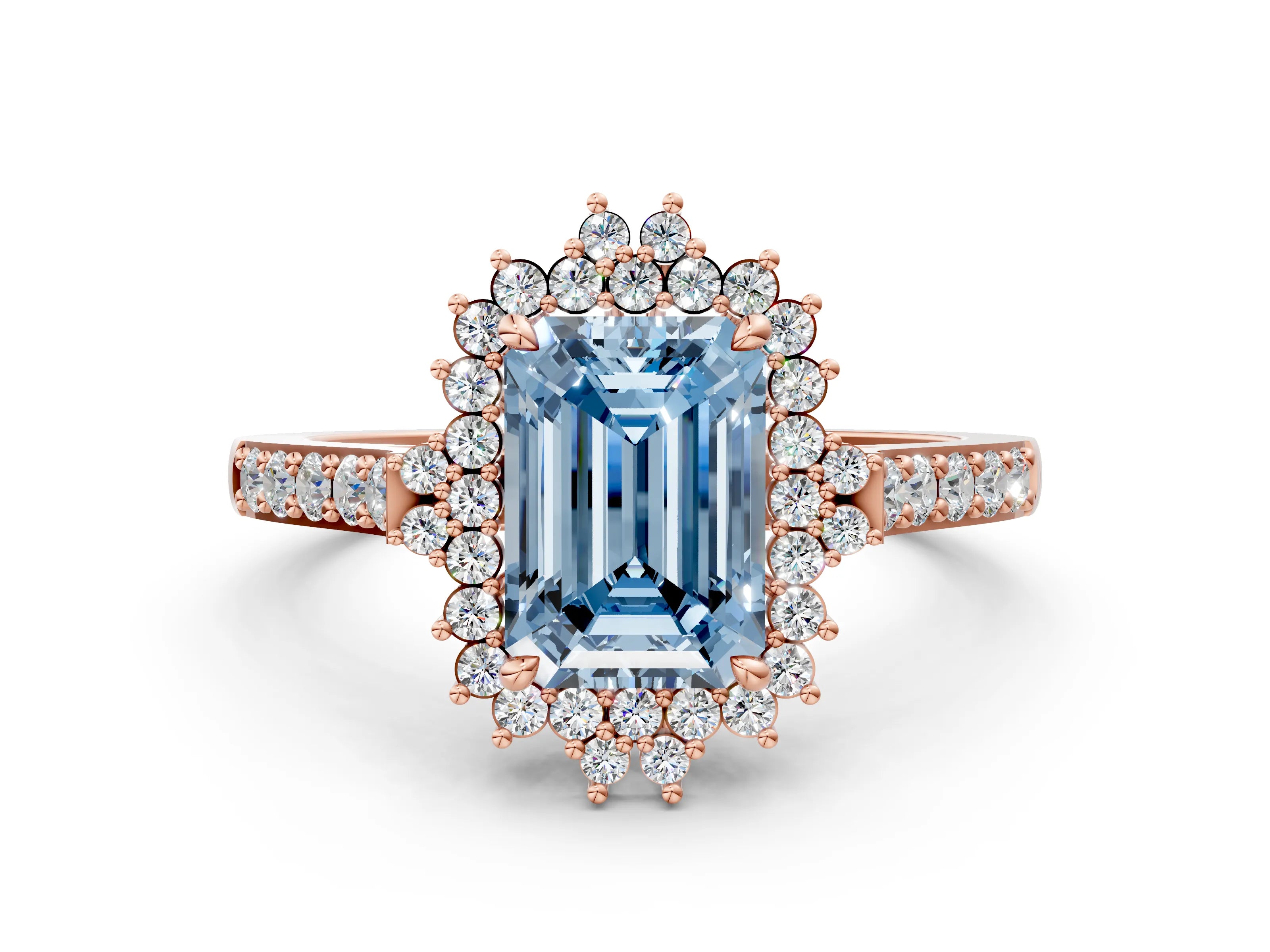 Rose gold Fancy Blue Emerald Cut Cut Diamond Sunburst Halo Engagement Ring with Pavé Band_8
