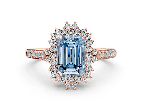 Rose gold Fancy Blue Emerald Cut Cut Diamond Sunburst Halo Engagement Ring with Pavé Band_8