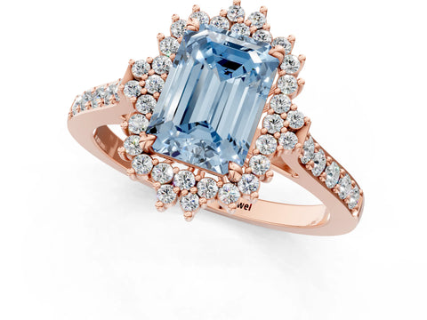Rose gold Fancy Blue Emerald Cut Cut Diamond Sunburst Halo Engagement Ring with Pavé Band_9