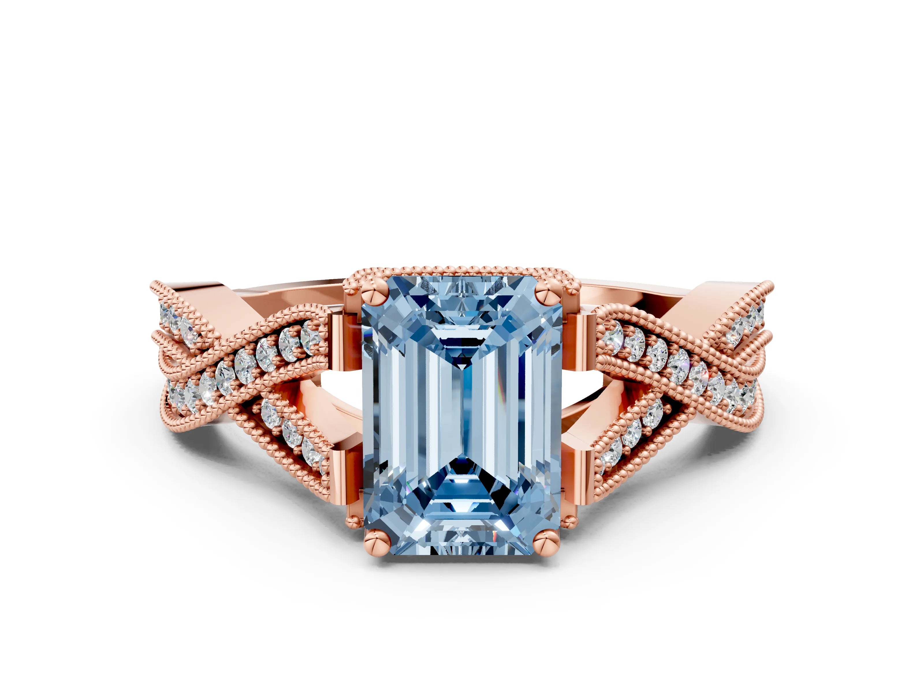 Rose gold Fancy Blue Emerald Cut Cut Diamond Twisted Band with Milgrain Pave Setting and Four-Prong Setting