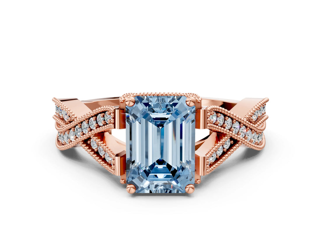 Rose gold Fancy Blue Emerald Cut Cut Diamond Twisted Band with Milgrain Pave Setting and Four-Prong Setting