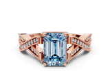 Rose gold Fancy Blue Emerald Cut Cut Diamond Twisted Band with Milgrain Pave Setting and Four-Prong Setting