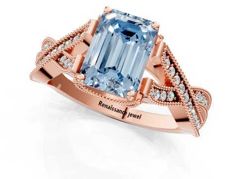 Rose gold Fancy Blue Emerald Cut Cut Diamond Twisted Band with Milgrain Pave Setting and Four-Prong Setting_1