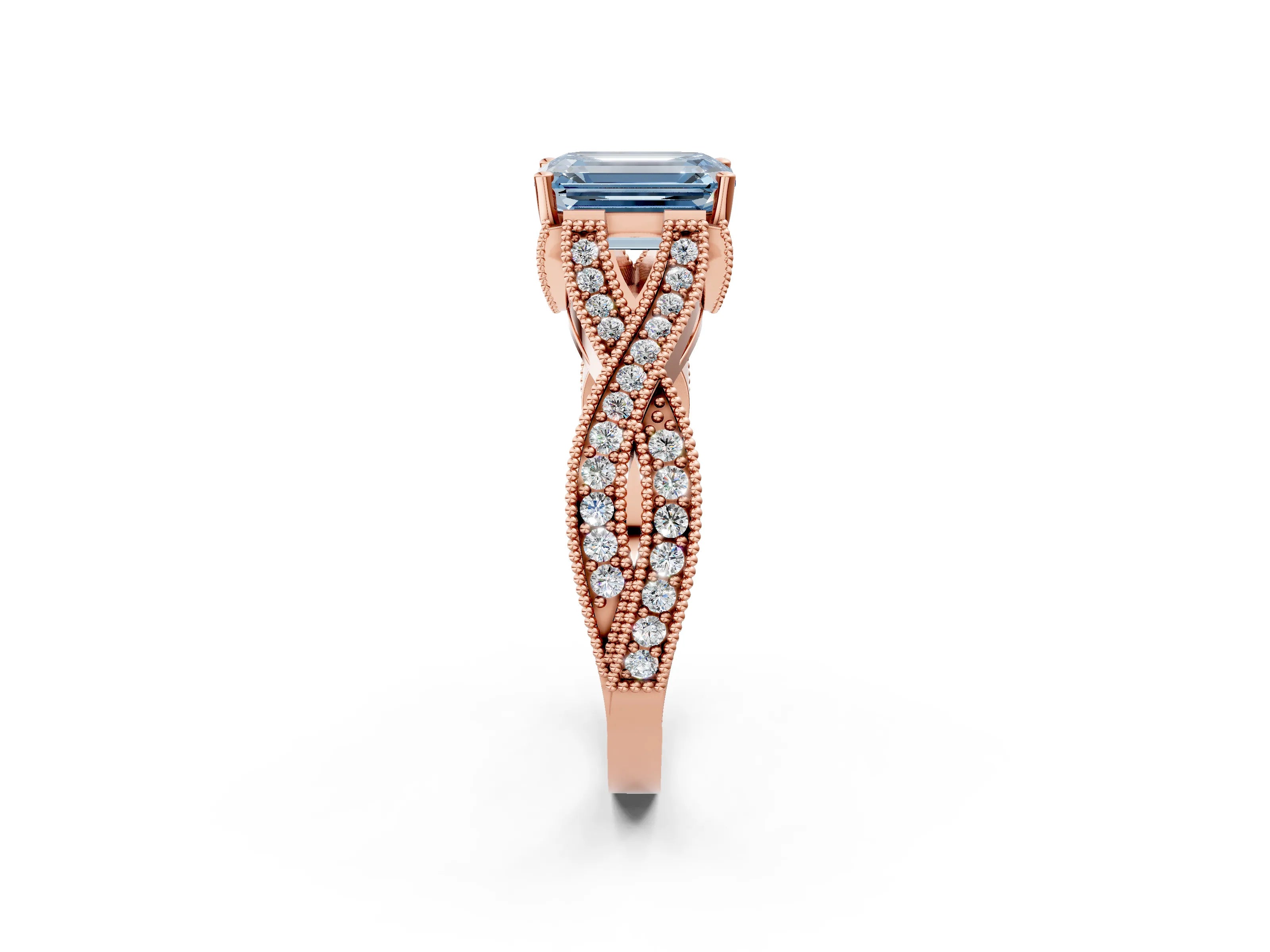 Rose gold Fancy Blue Emerald Cut Cut Diamond Twisted Band with Milgrain Pave Setting and Four-Prong Setting_2