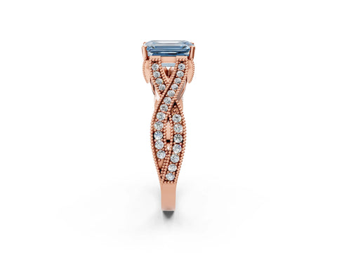 Rose gold Fancy Blue Emerald Cut Cut Diamond Twisted Band with Milgrain Pave Setting and Four-Prong Setting_2