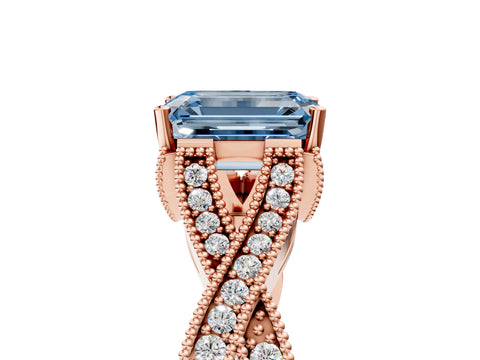 Rose gold Fancy Blue Emerald Cut Cut Diamond Twisted Band with Milgrain Pave Setting and Four-Prong Setting_5