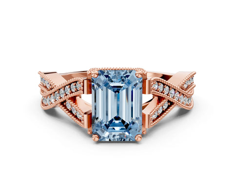 Rose gold Fancy Blue Emerald Cut Cut Diamond Twisted Band with Milgrain Pave Setting and Four-Prong Setting
