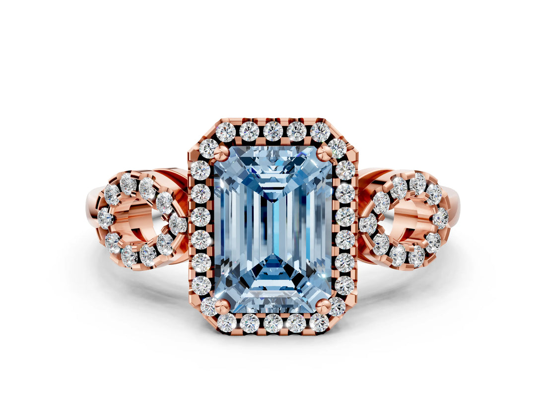 Rose gold Fancy Blue Emerald Cut Cut Halo Diamond Infinity Band with Four-Prong Setting
