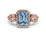 Rose gold Fancy Blue Emerald Cut Cut Halo Diamond Infinity Band with Four-Prong Setting