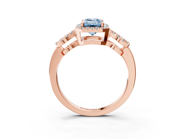Rose Gold Emerald Cut Pave Infinity Halo Engagement Ring Setting for Fancy Blue Center