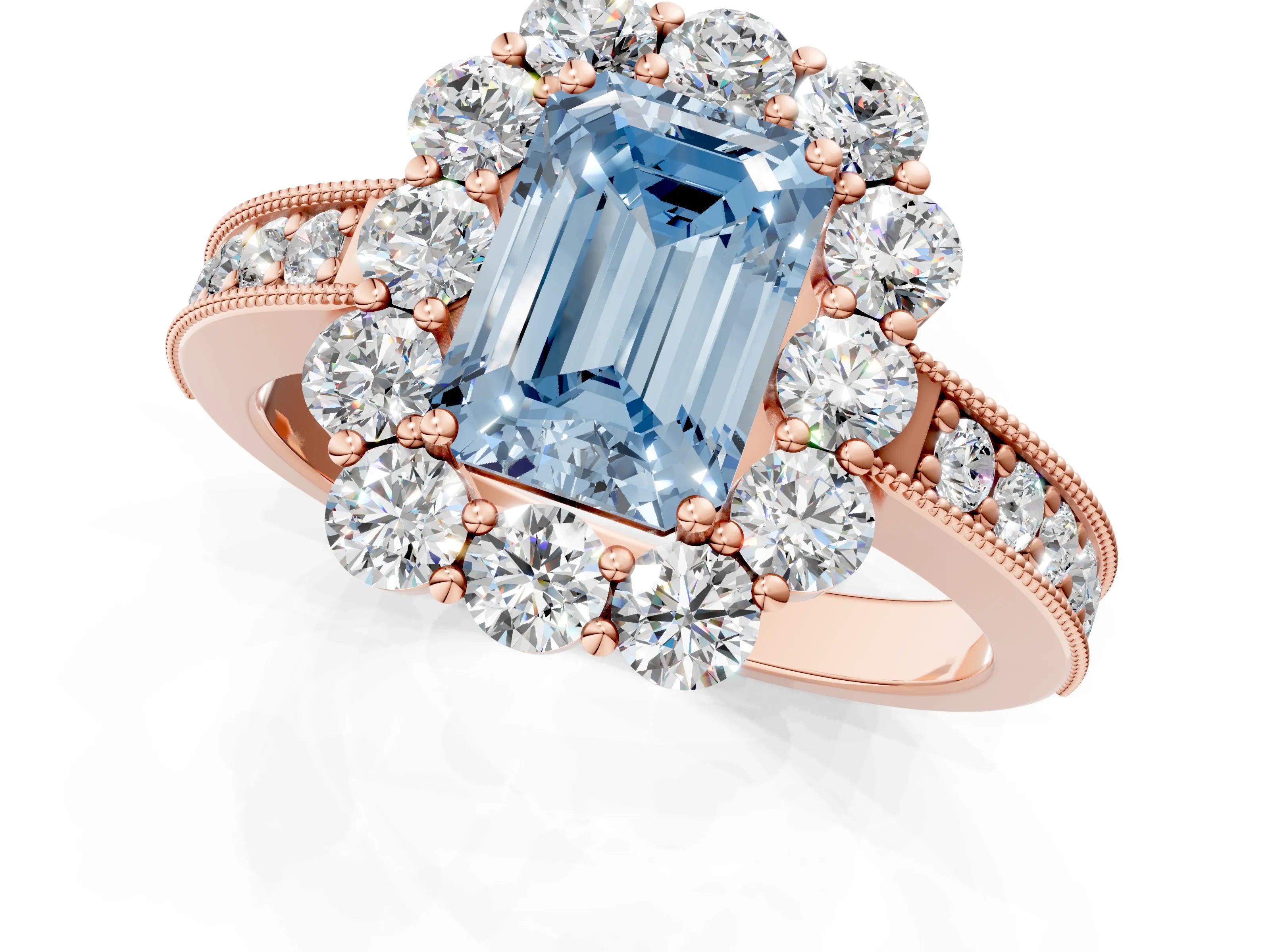 Rose gold Fancy Blue Emerald Cut Cut Halo Diamond Pavé Engagement Ring with Milgrain Detailing_1