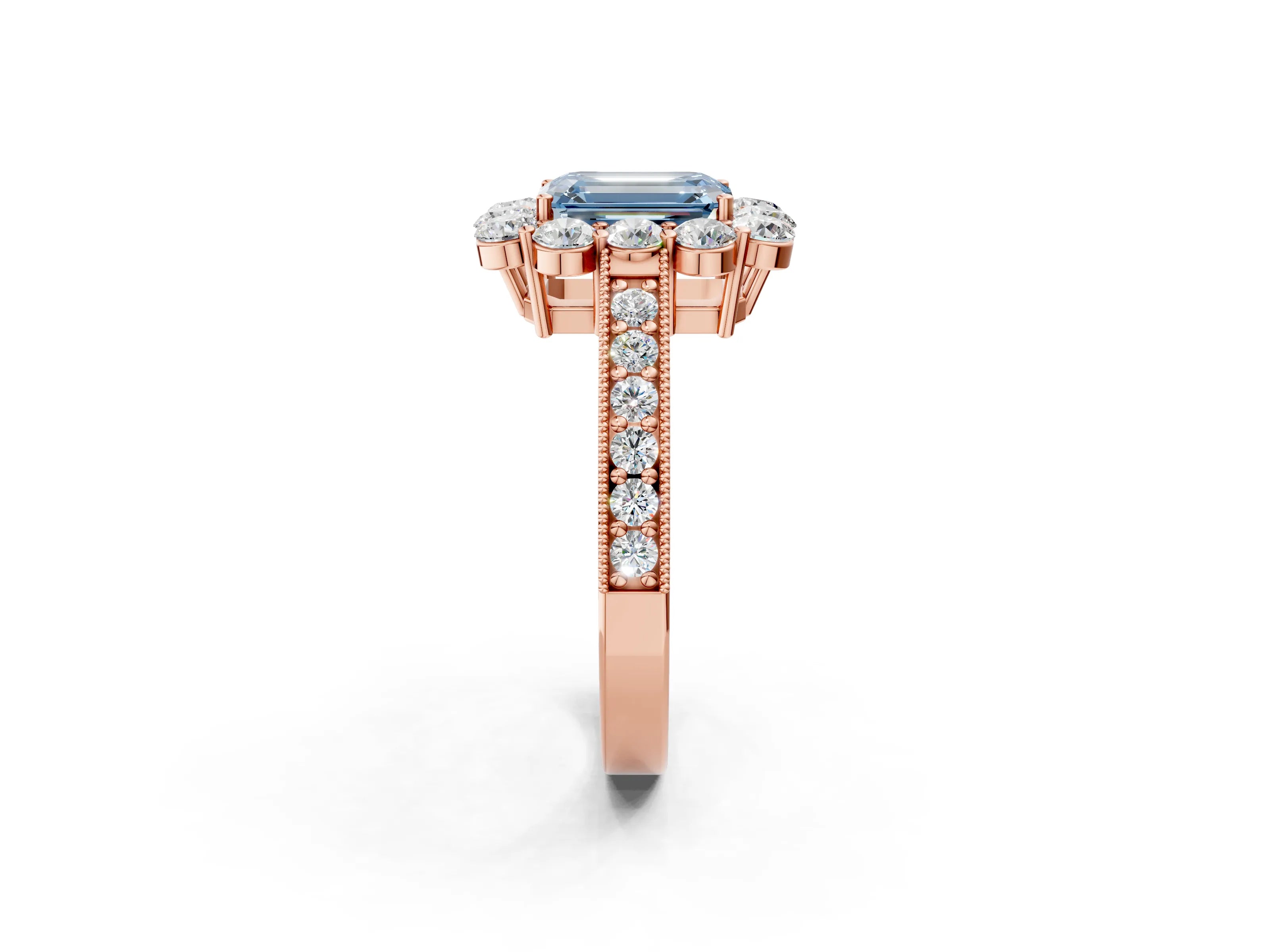 Rose gold Fancy Blue Emerald Cut Cut Halo Diamond Pavé Engagement Ring with Milgrain Detailing_2