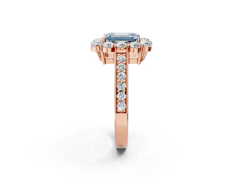 Rose gold Fancy Blue Emerald Cut Cut Halo Diamond Pavé Engagement Ring with Milgrain Detailing_2