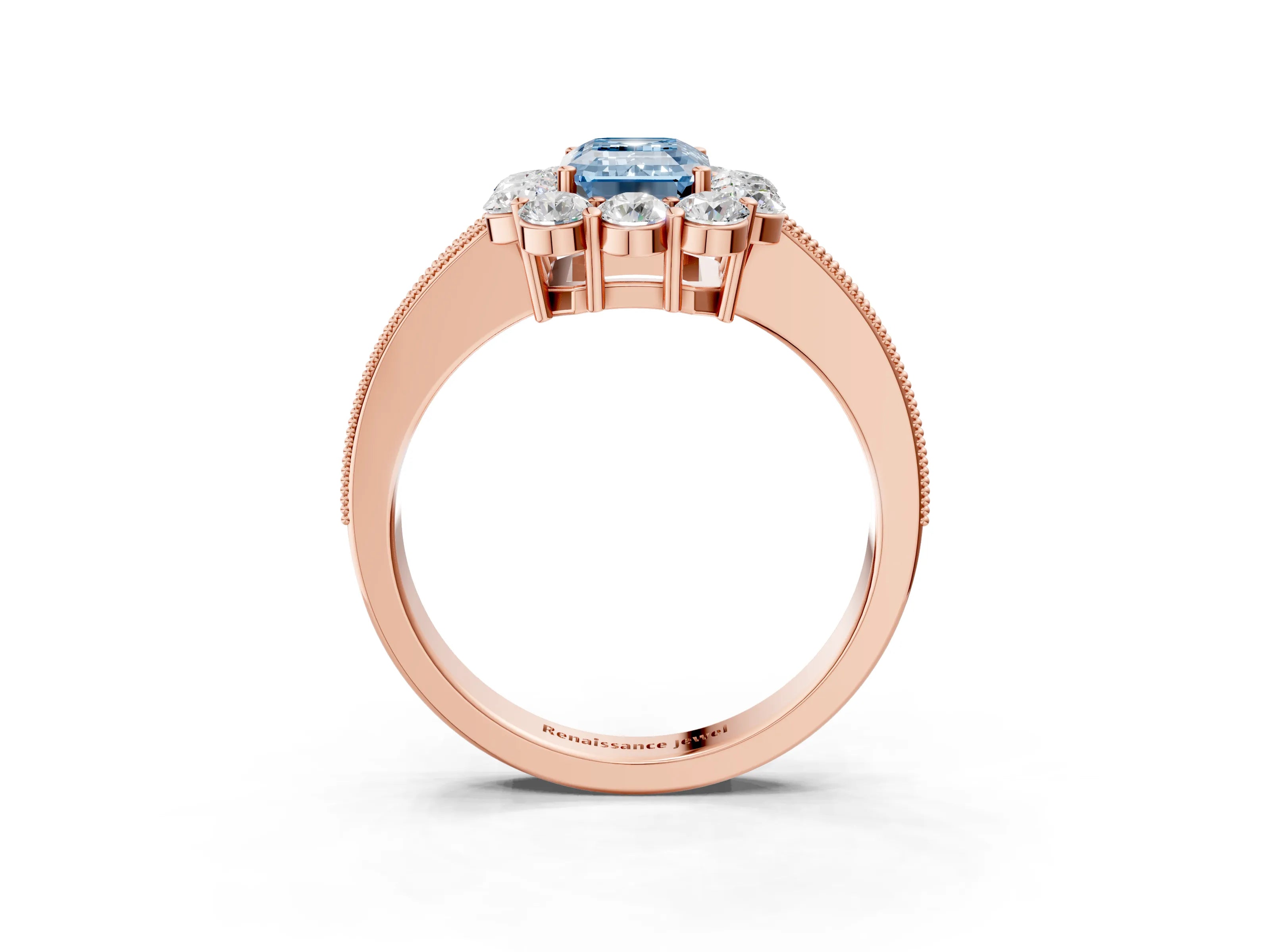 Rose gold Fancy Blue Emerald Cut Cut Halo Diamond Pavé Engagement Ring with Milgrain Detailing_3