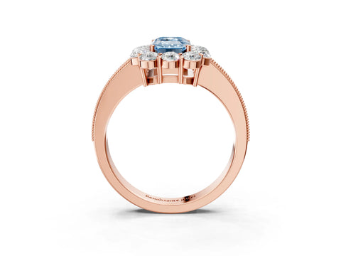 Rose gold Fancy Blue Emerald Cut Cut Halo Diamond Pavé Engagement Ring with Milgrain Detailing_3