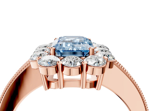 Rose gold Fancy Blue Emerald Cut Cut Halo Diamond Pavé Engagement Ring with Milgrain Detailing_4