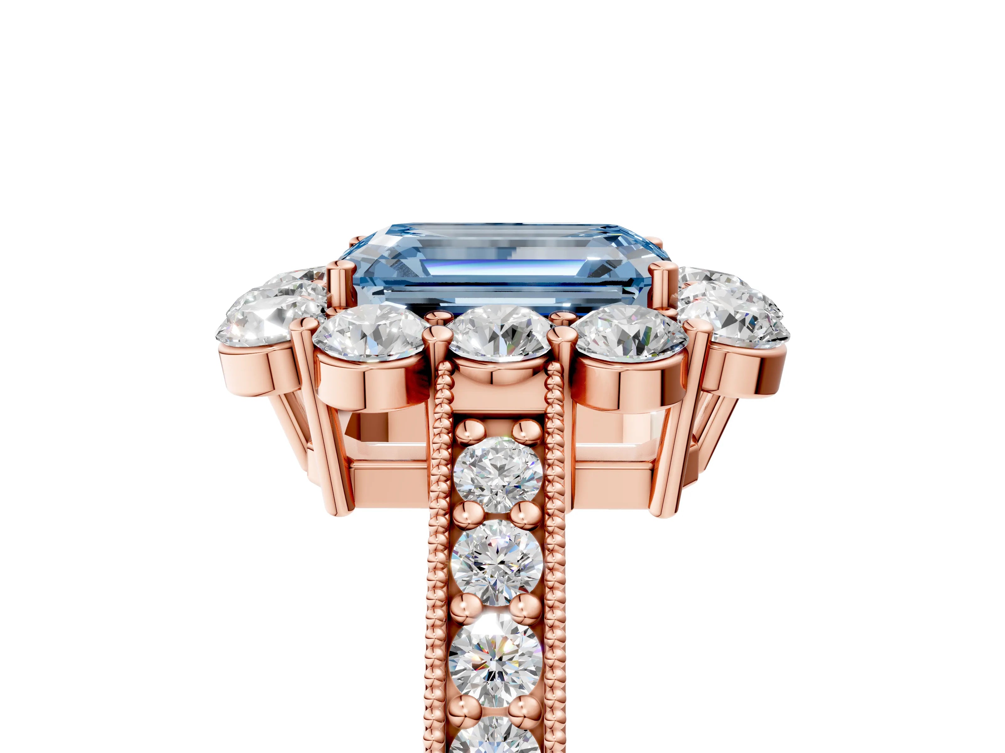 Rose gold Fancy Blue Emerald Cut Cut Halo Diamond Pavé Engagement Ring with Milgrain Detailing_5