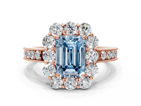 Rose gold Fancy Blue Emerald Cut Cut Halo Diamond Pavé Engagement Ring with Milgrain Detailing