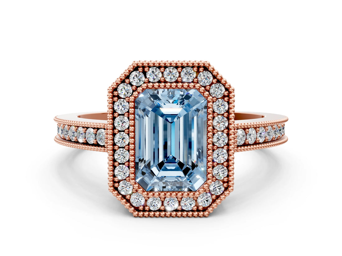 Rose gold Fancy Blue Emerald Cut Cut Halo Pavé Diamond Ring