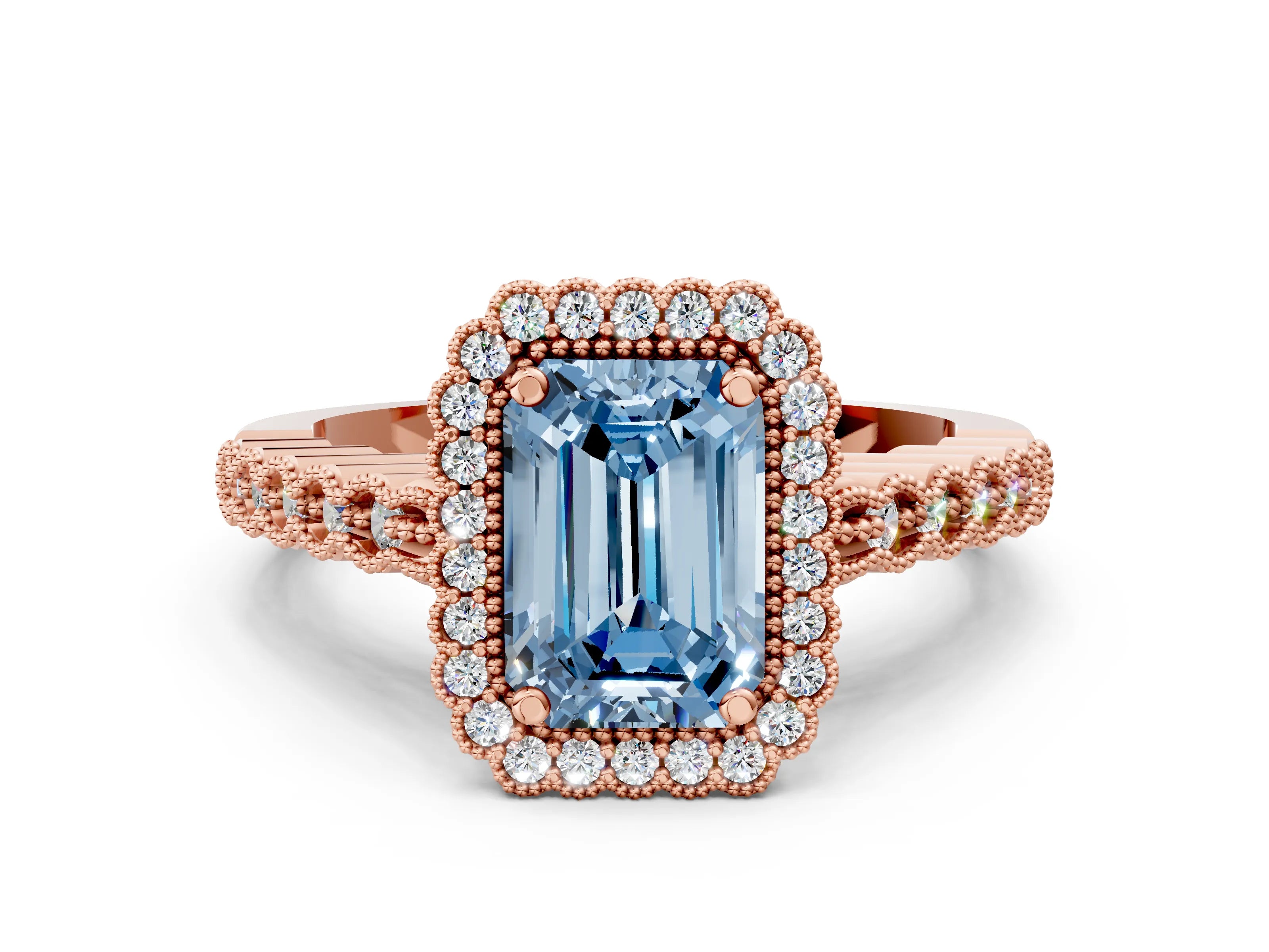 Rose gold Fancy Blue Emerald Cut Cut Halo Pavé Solitaire Ring with Milgrain Band
