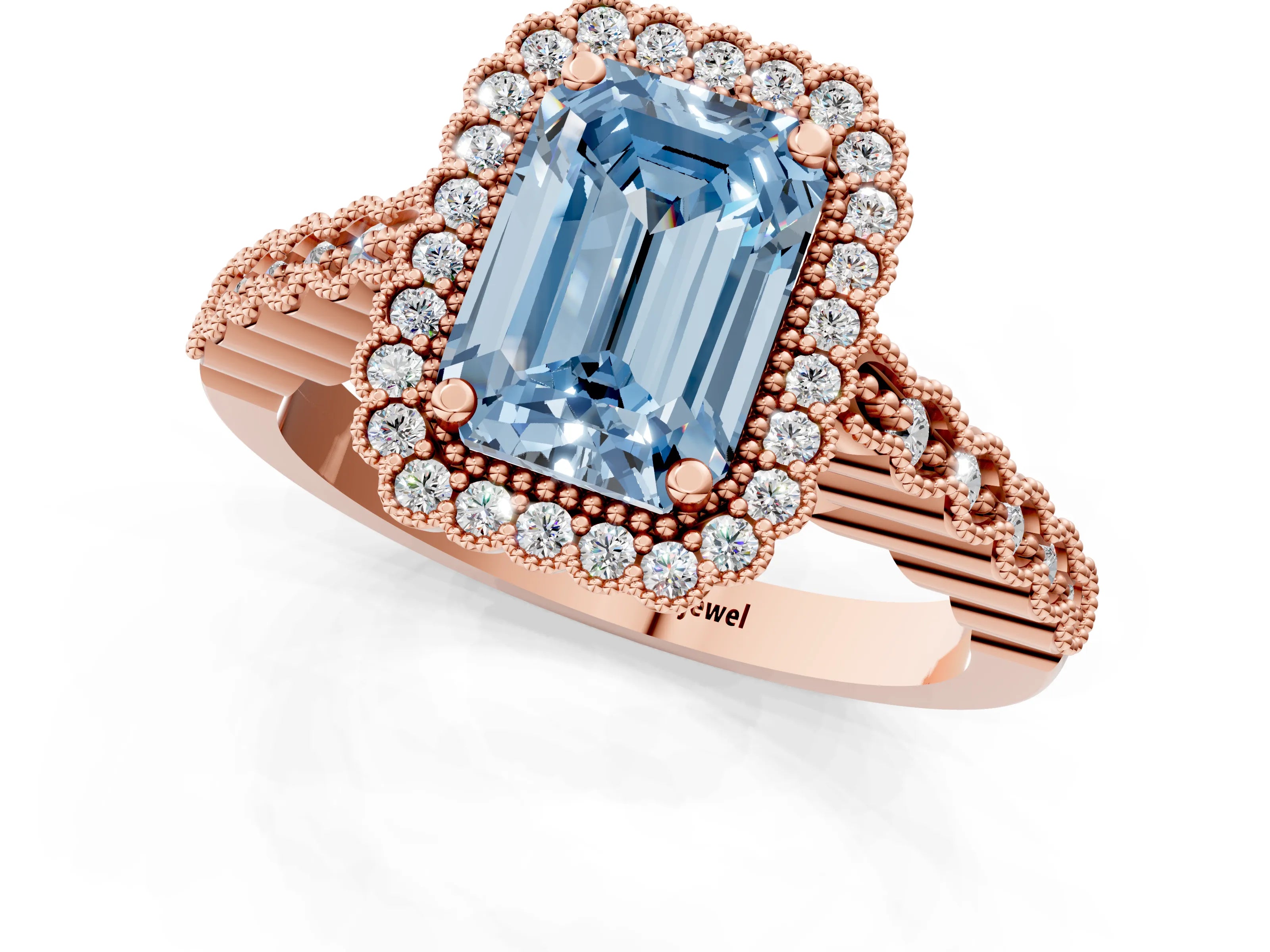 Rose gold Fancy Blue Emerald Cut Cut Halo Pavé Solitaire Ring with Milgrain Band_1