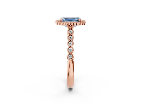 Rose gold Fancy Blue Emerald Cut Cut Halo Pavé Solitaire Ring with Milgrain Band_2