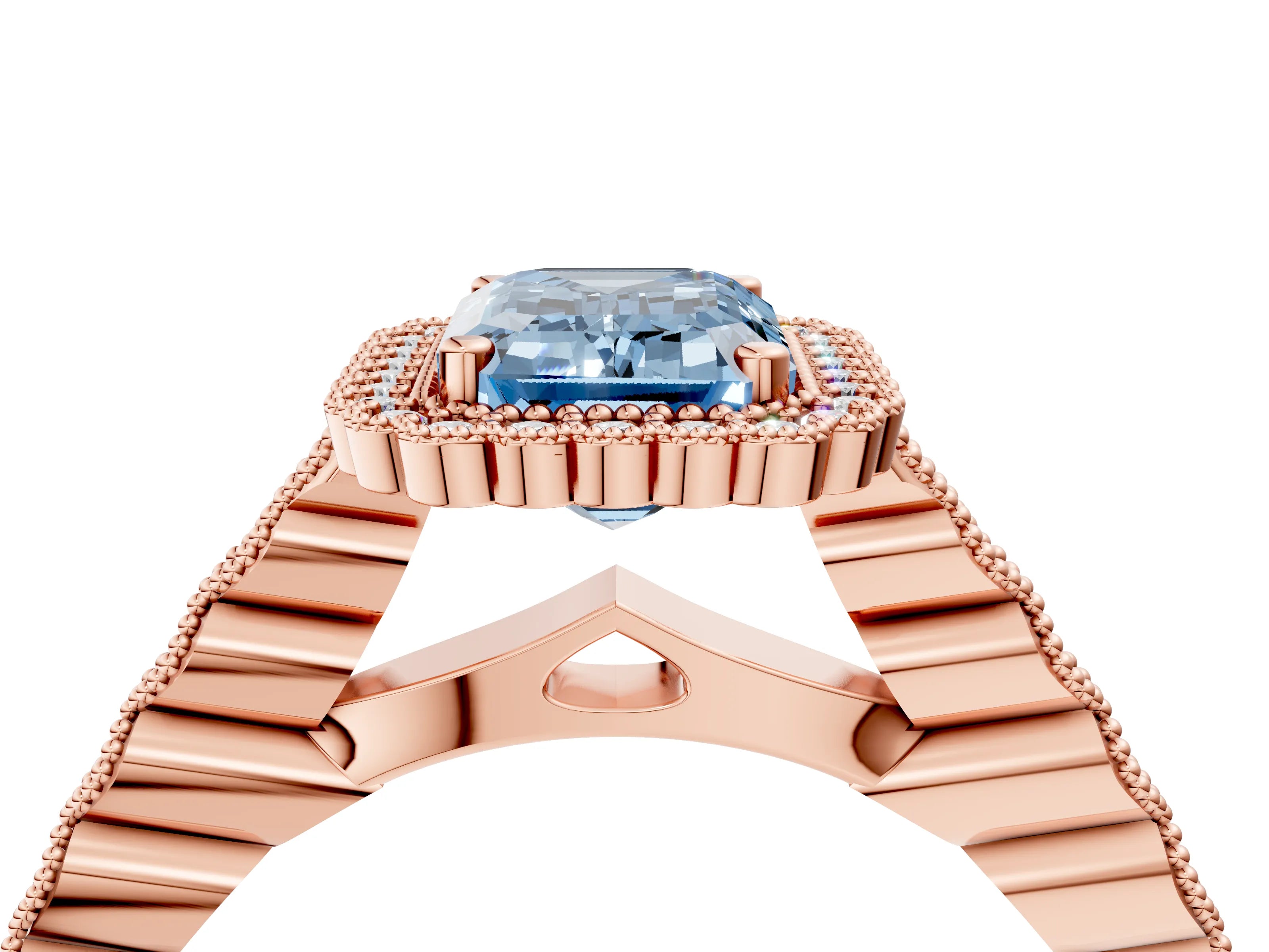 Rose gold Fancy Blue Emerald Cut Cut Halo Pavé Solitaire Ring with Milgrain Band_4