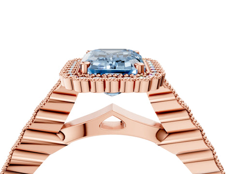 Rose gold Fancy Blue Emerald Cut Cut Halo Pavé Solitaire Ring with Milgrain Band_4