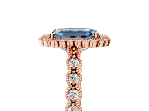 Rose gold Fancy Blue Emerald Cut Cut Halo Pavé Solitaire Ring with Milgrain Band_5