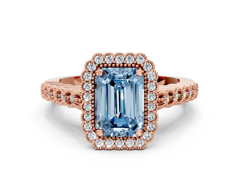 Rose gold Fancy Blue Emerald Cut Cut Halo Pavé Solitaire Ring with Milgrain Band