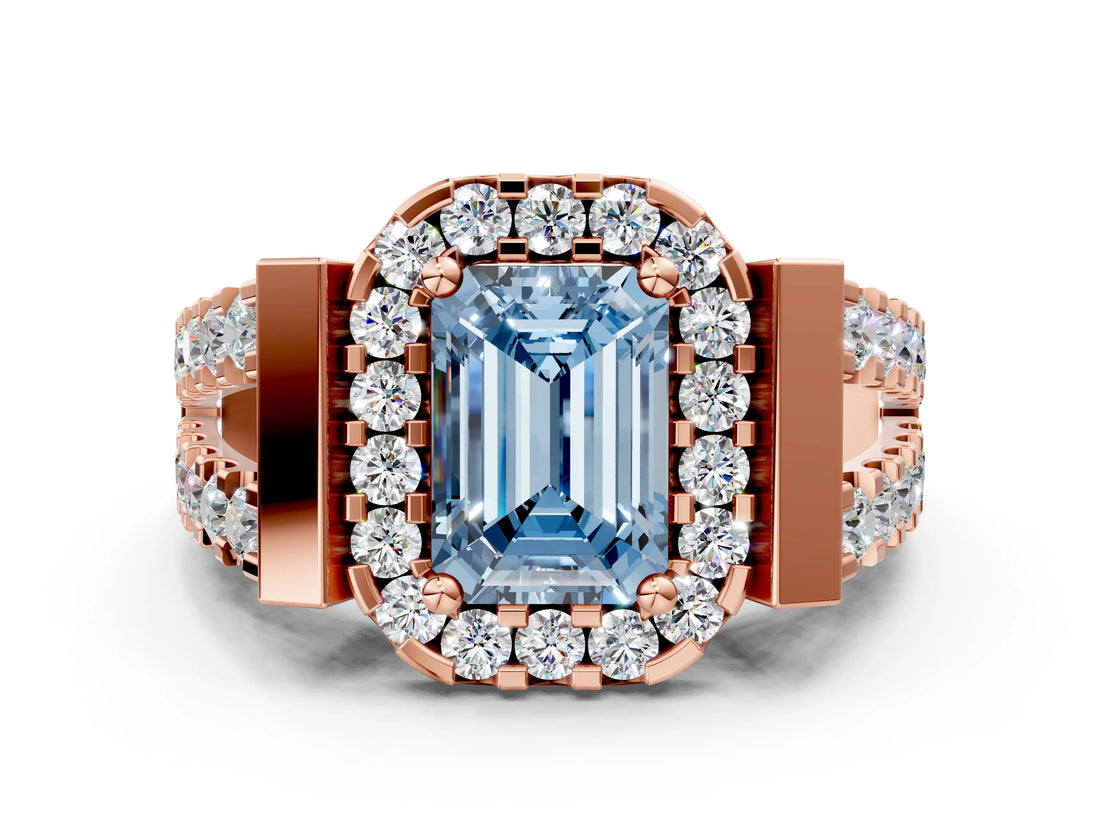 Rose gold Fancy Blue Emerald Cut Cut Halo Split Shank Prong Set Ring