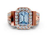 Rose gold Fancy Blue Emerald Cut Cut Halo Split Shank Prong Set Ring