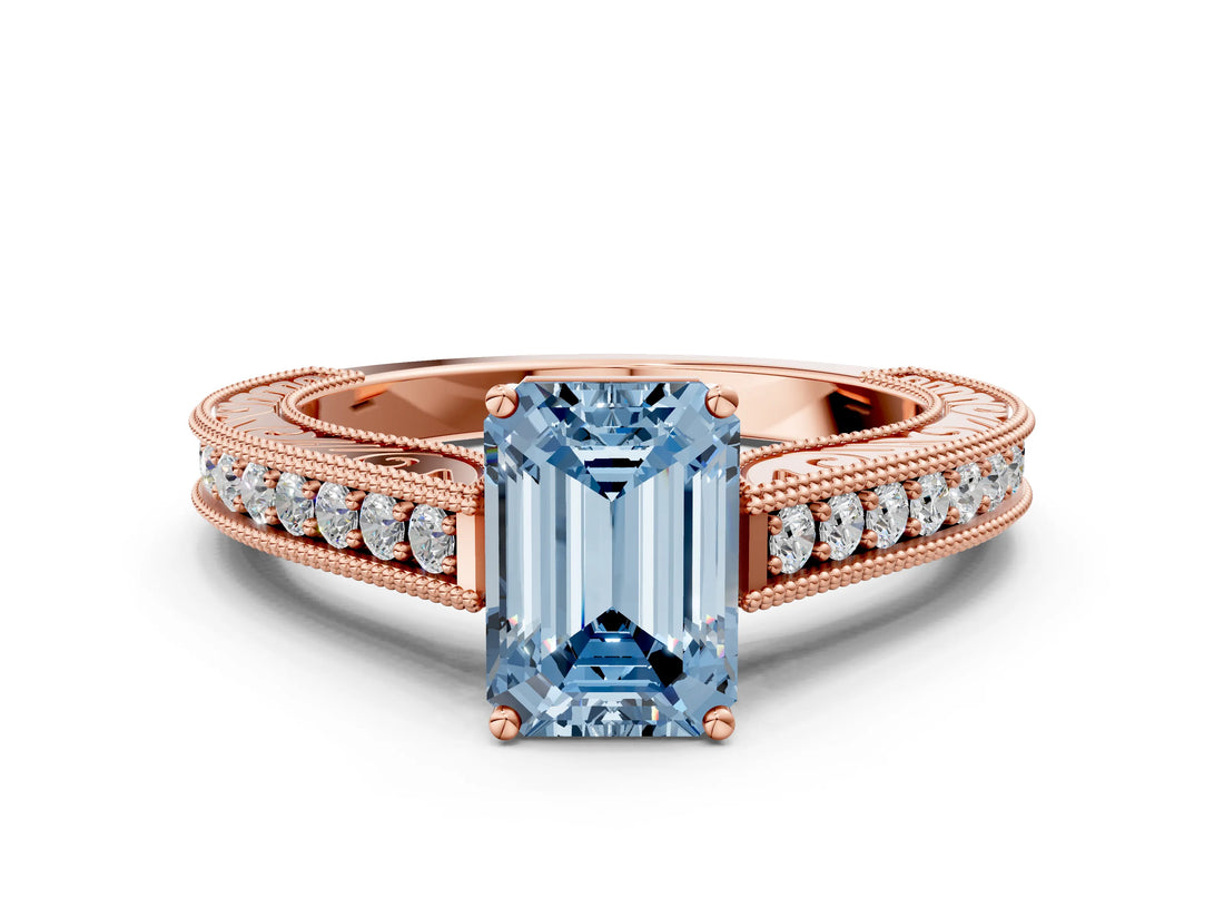 Rose gold Fancy Blue Emerald Cut Cut Pave Band Milgrain Solitaire Ring