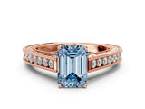 Rose gold Fancy Blue Emerald Cut Cut Pave Band Milgrain Solitaire Ring