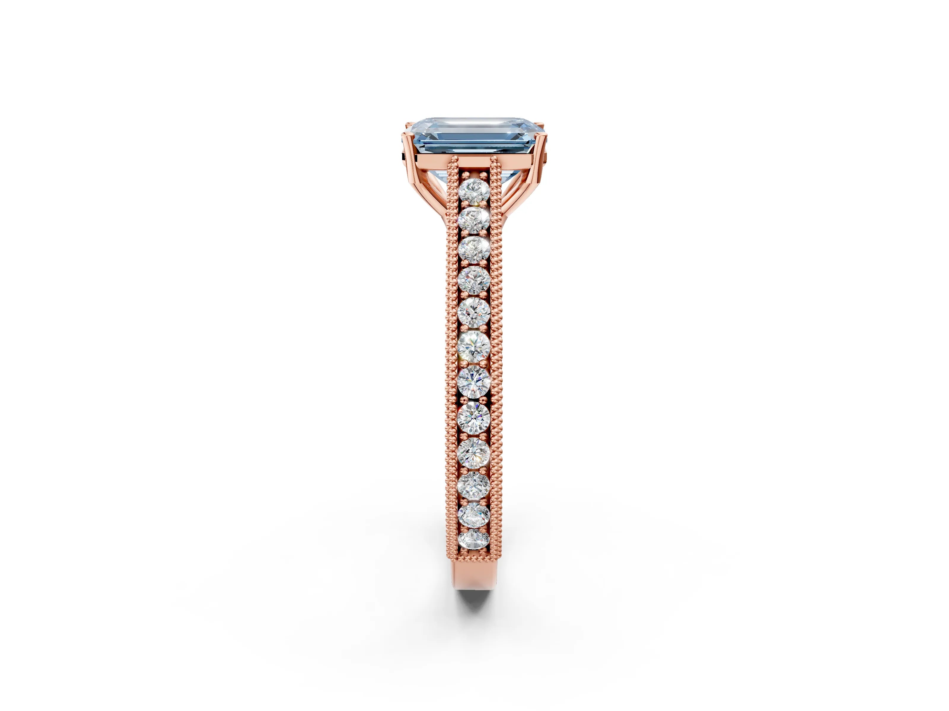 Rose gold Fancy Blue Emerald Cut Cut Pave Band Milgrain Solitaire Ring_2