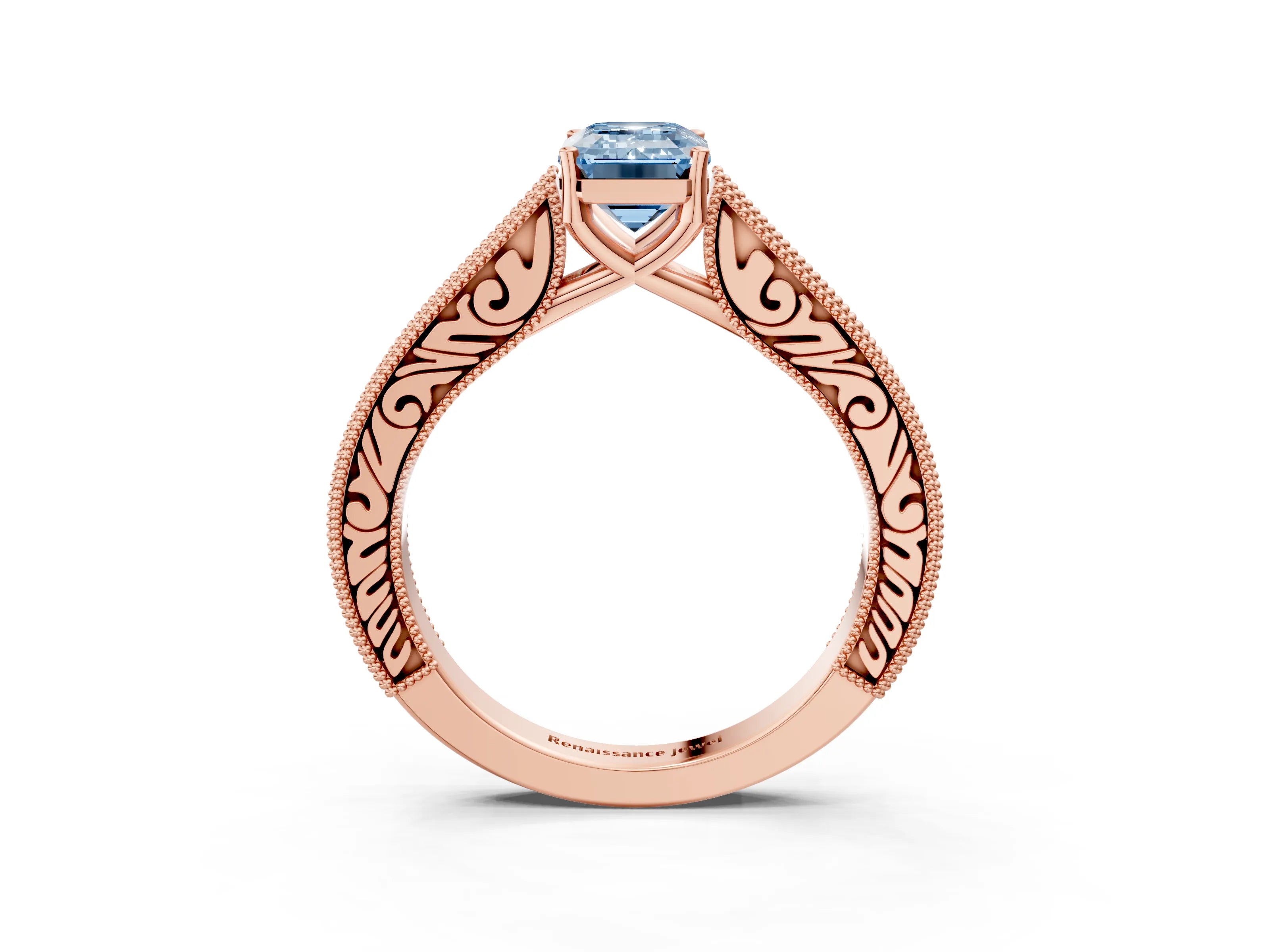 Rose gold Fancy Blue Emerald Cut Cut Pave Band Milgrain Solitaire Ring_3
