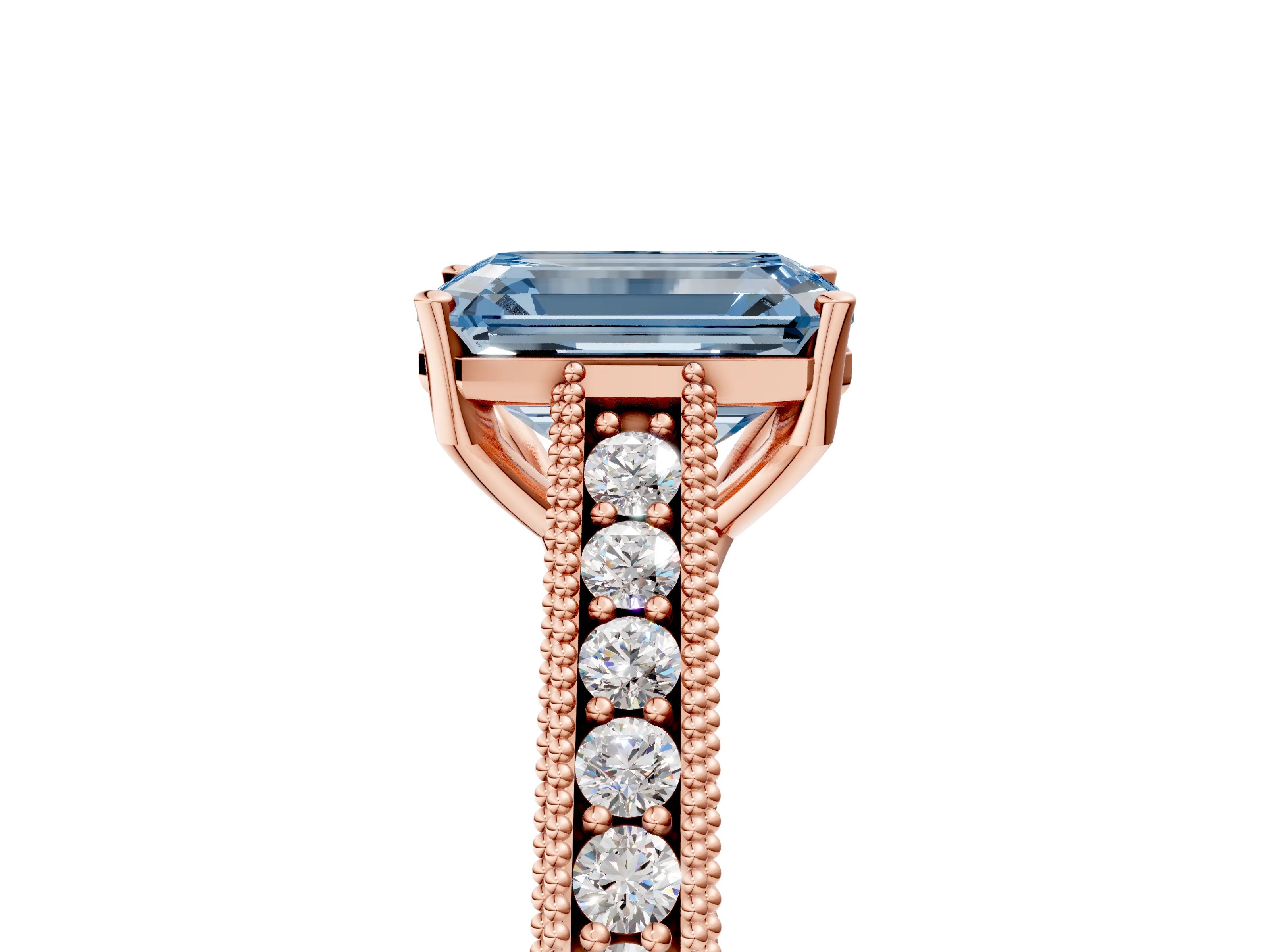Rose gold Fancy Blue Emerald Cut Cut Pave Band Milgrain Solitaire Ring_5