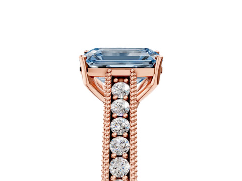 Rose gold Fancy Blue Emerald Cut Cut Pave Band Milgrain Solitaire Ring_5