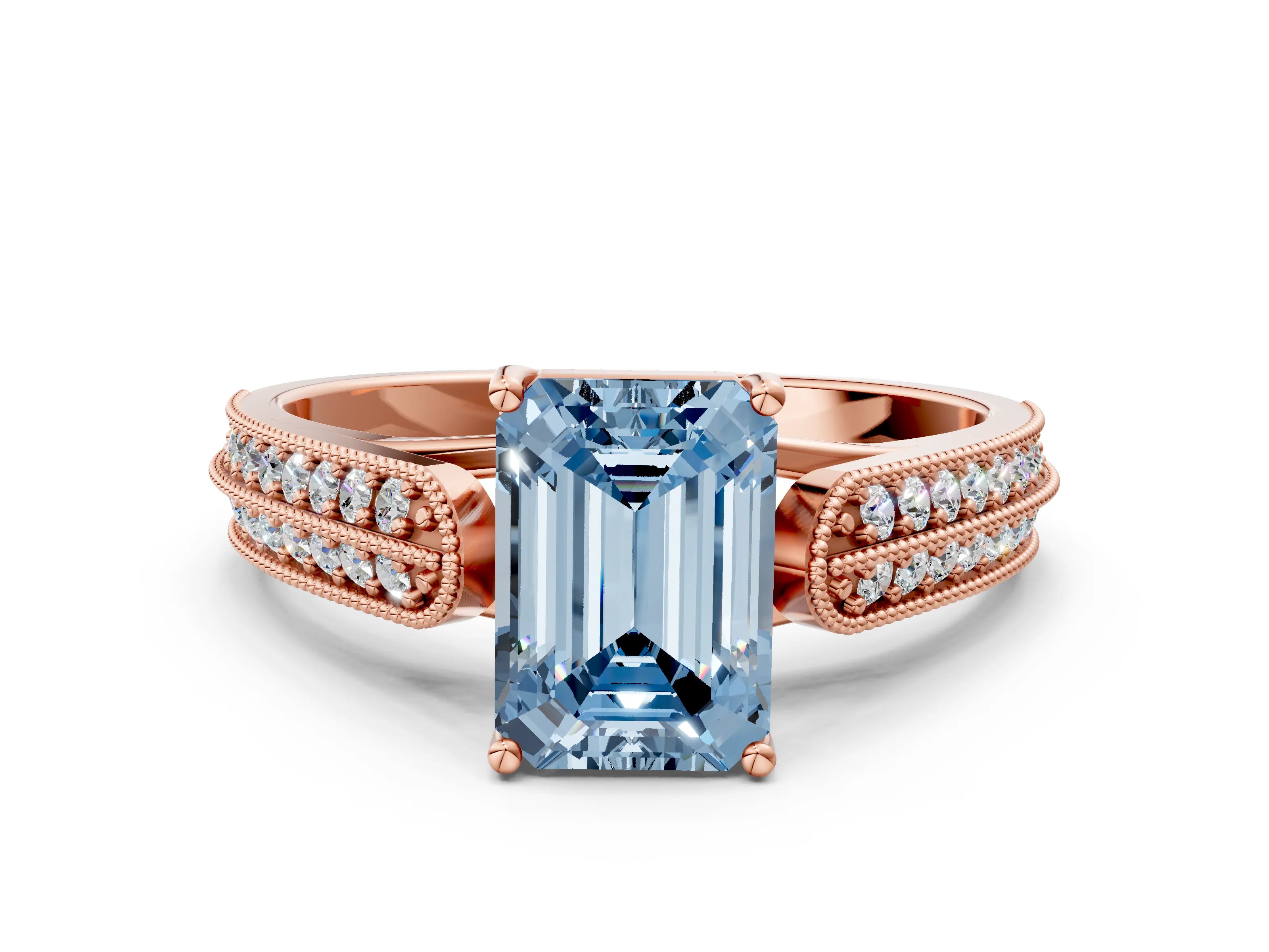 Rose gold Fancy Blue Emerald Cut Cut Pave Split Shank Engagement Ring with Four-Prong Setting