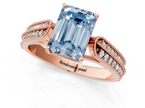 Rose gold Fancy Blue Emerald Cut Cut Pave Split Shank Engagement Ring with Four-Prong Setting_1